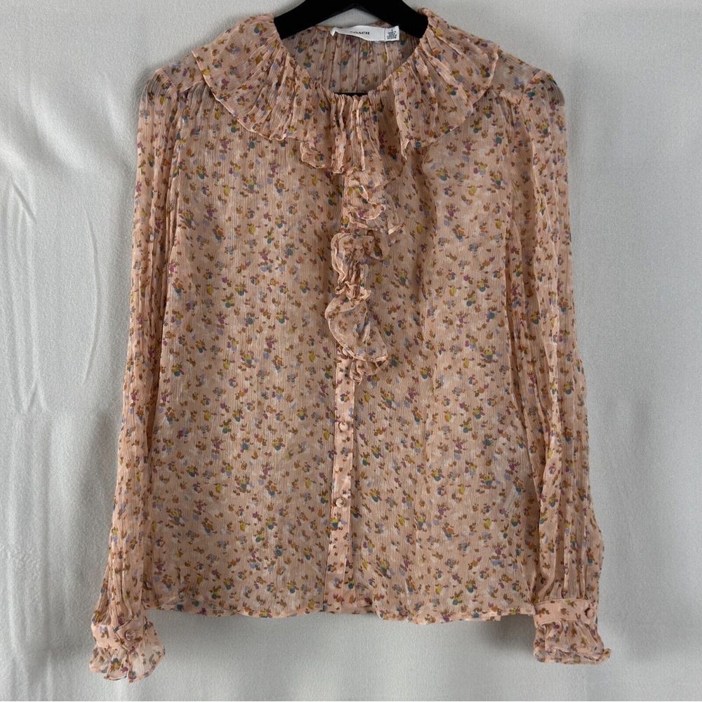 Coach Peach Floral Ruffle Tie-Neck Blouse